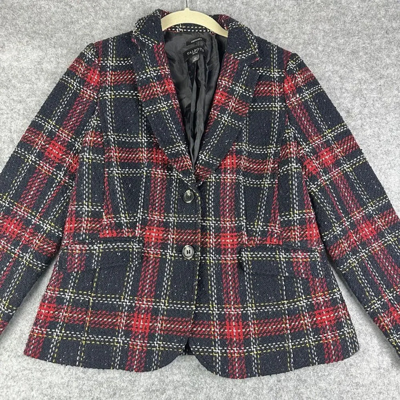 Talbots Aberdeen Blazer Womens 6P Black Red Plaid Wool Blend Preppy Academia - Picture 1 of 16